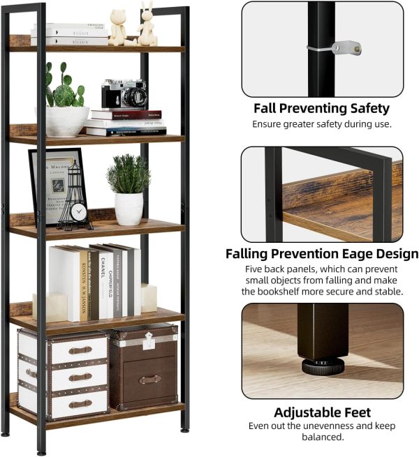 NUMENN Bookshelf, 5 Tier Bookshelves, Home Office Bookcase Shelf Storage Organizer, Free Standing Storage Shelving Unit for Bedroom, Living Room and Home Office, Vintage - Image 6