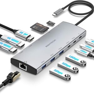 RSHTECH 12-in-1 USB C Hub Multiport Adapter with 4K DP, 2 HDMI, 3 USB 3.2 Ports 10Gbps(2C+1A), 2 USB 3.0 Ports, 100W PD, SD/TF, Gigabit Ethernet, USB C Docking Station for MacBook, Laptops
