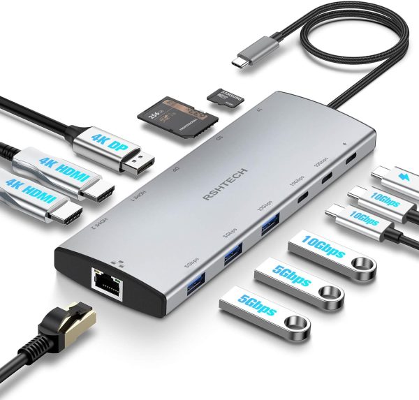 RSHTECH 12-in-1 USB C Hub Multiport Adapter with 4K DP, 2 HDMI, 3 USB 3.2 Ports 10Gbps(2C+1A), 2 USB 3.0 Ports, 100W PD, SD/TF, Gigabit Ethernet, USB C Docking Station for MacBook, Laptops
