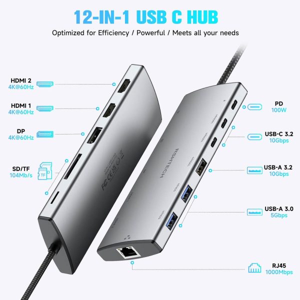 RSHTECH 12-in-1 USB C Hub Multiport Adapter with 4K DP, 2 HDMI, 3 USB 3.2 Ports 10Gbps(2C+1A), 2 USB 3.0 Ports, 100W PD, SD/TF, Gigabit Ethernet, USB C Docking Station for MacBook, Laptops - Image 2