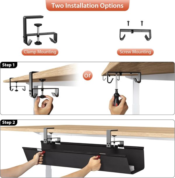 Univivi No Drill Under Desk Cable Management Tray, 36" Cord Organizer for Table, Clamp/Screw Mount Desk Cable Management, Premium Fabric Cable Management Tray for Office, Home - Image 6